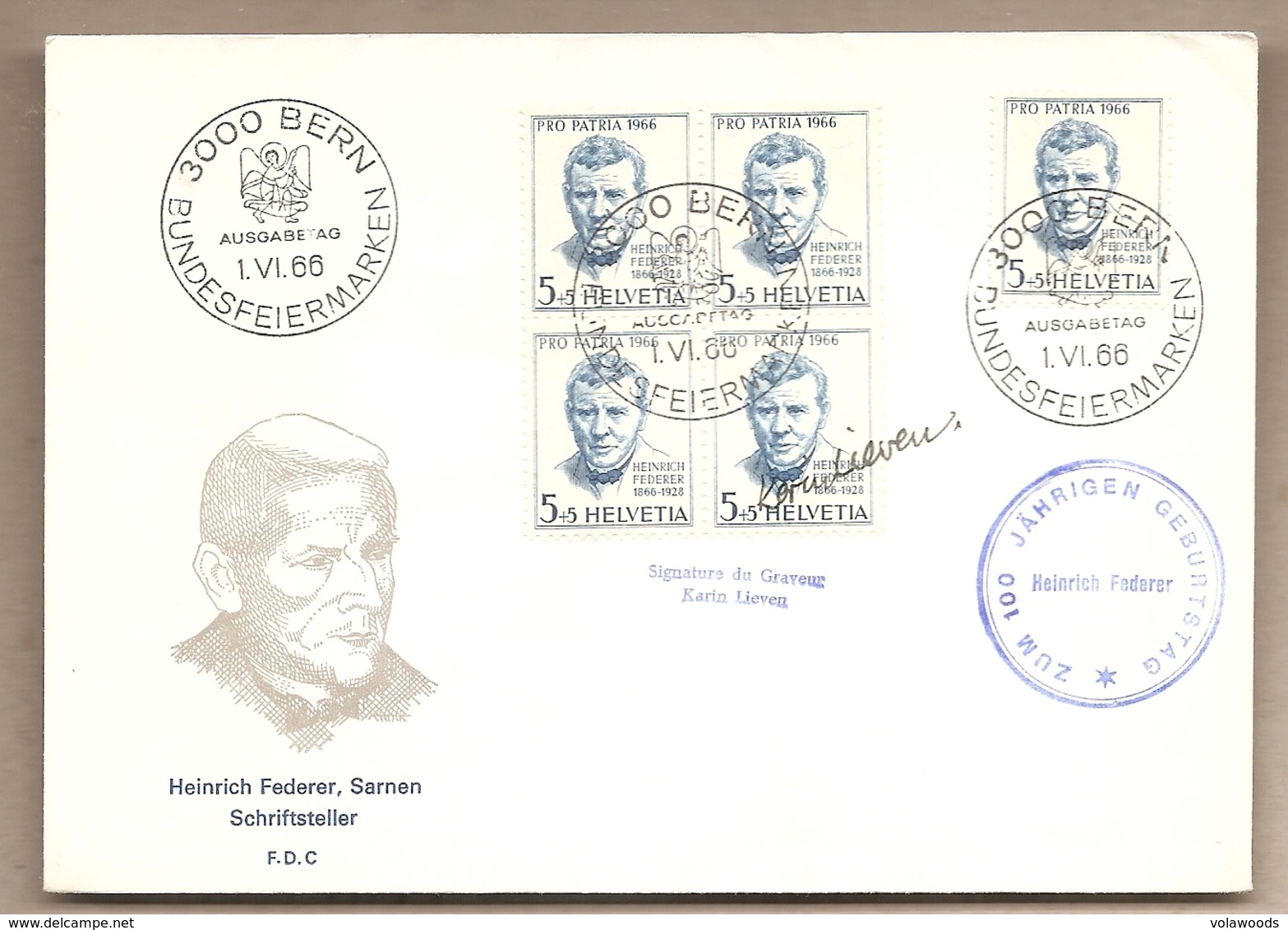 Svizzera - Busta Con Annullo Speciale: 100° Anniversario Dello Scrittore Federer Con Firma Del Bozzettista - 1966 - Storia Postale