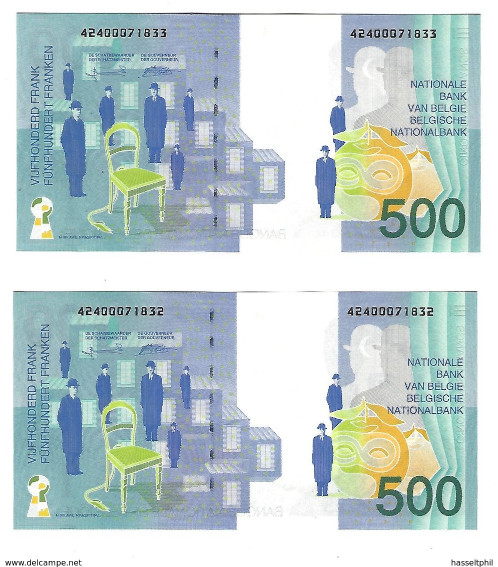 500 Frank - Francs  - Type Magritte - M87 - FDC - 2 Opeenvolgende Nummers - 500 Frank-100 Belgas