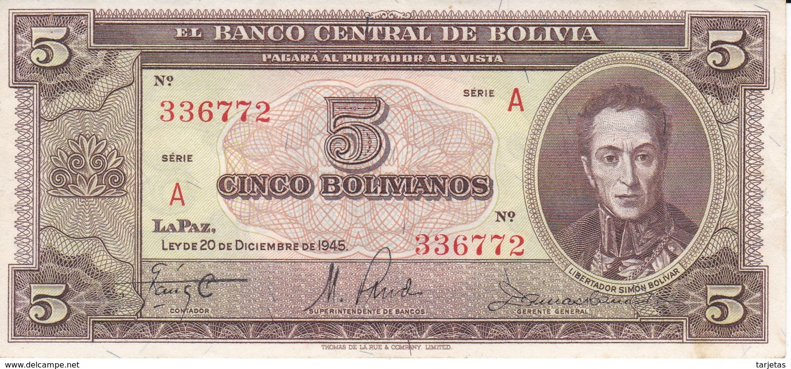 BILLETE DE BOLIVIA DE 5 BOLIVIANOS DEL AÑO 1945  SERIE A CALIDAD EBC (XF) (BANKNOTE) - Bolivia