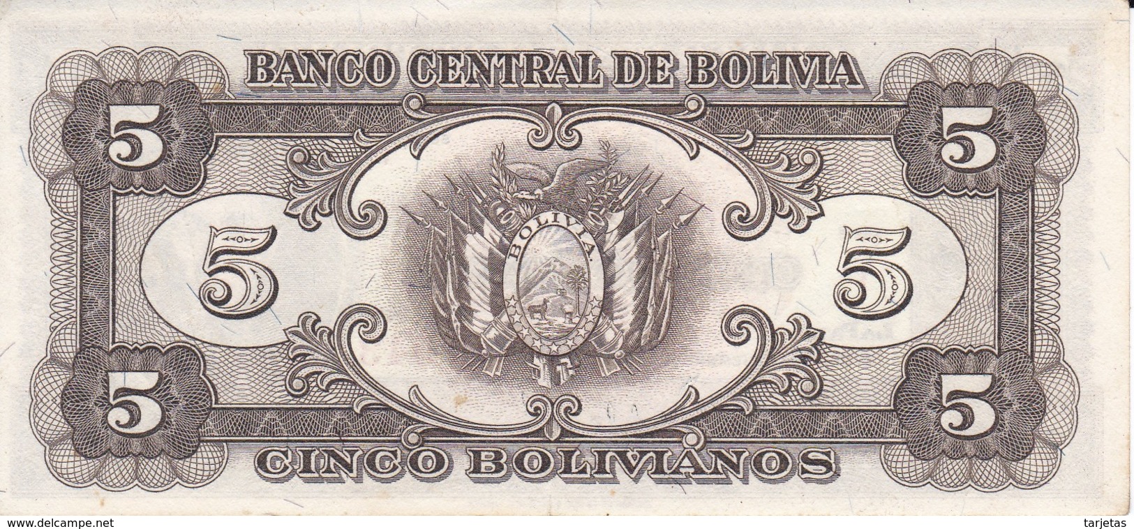 BILLETE DE BOLIVIA DE 5 BOLIVIANOS DEL AÑO 1945  SERIE F CALIDAD EBC (XF) (BANKNOTE) - Bolivia