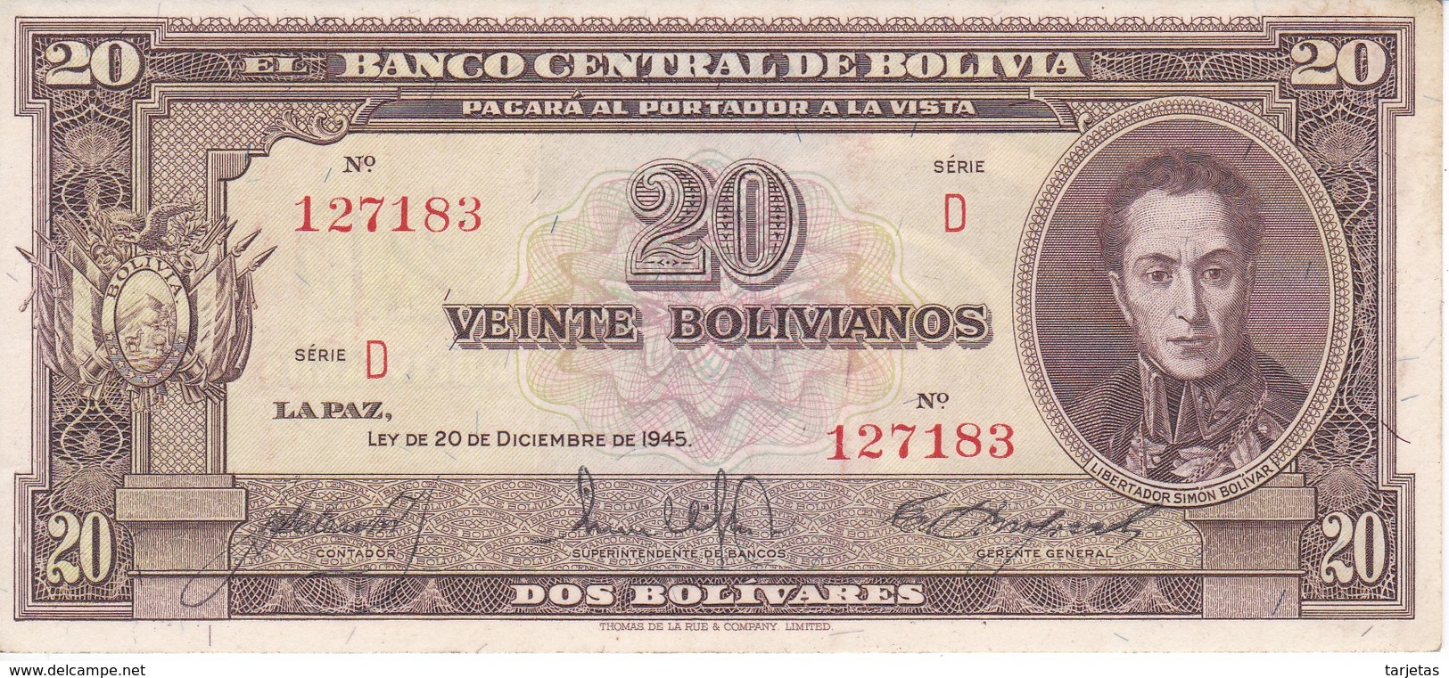 BILLETE DE BOLIVIA DE 20 BOLIVIANOS DEL AÑO 1945  SERIE D CALIDAD EBC (XF) (BANKNOTE) - Bolivia