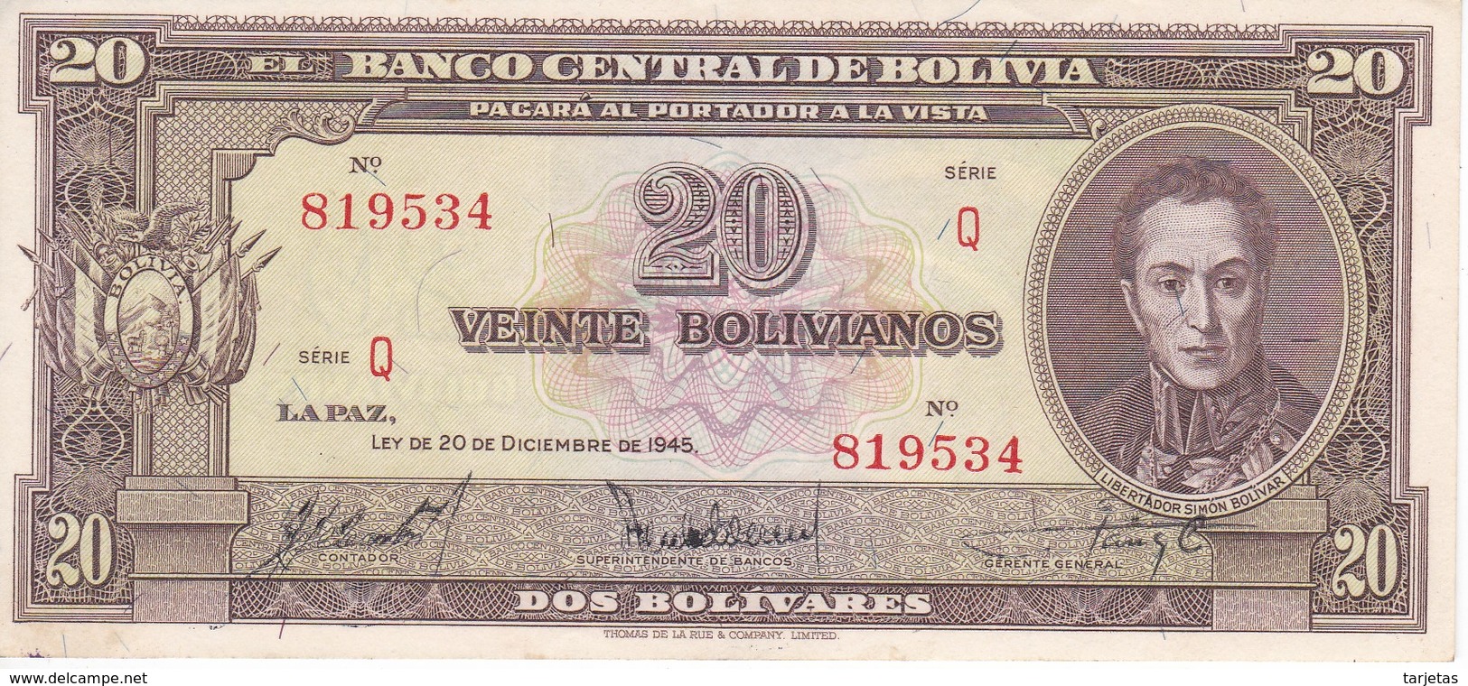 BILLETE DE BOLIVIA DE 20 BOLIVIANOS DEL AÑO 1945  SERIE Q CALIDAD EBC (XF)  (BANKNOTE) - Bolivien