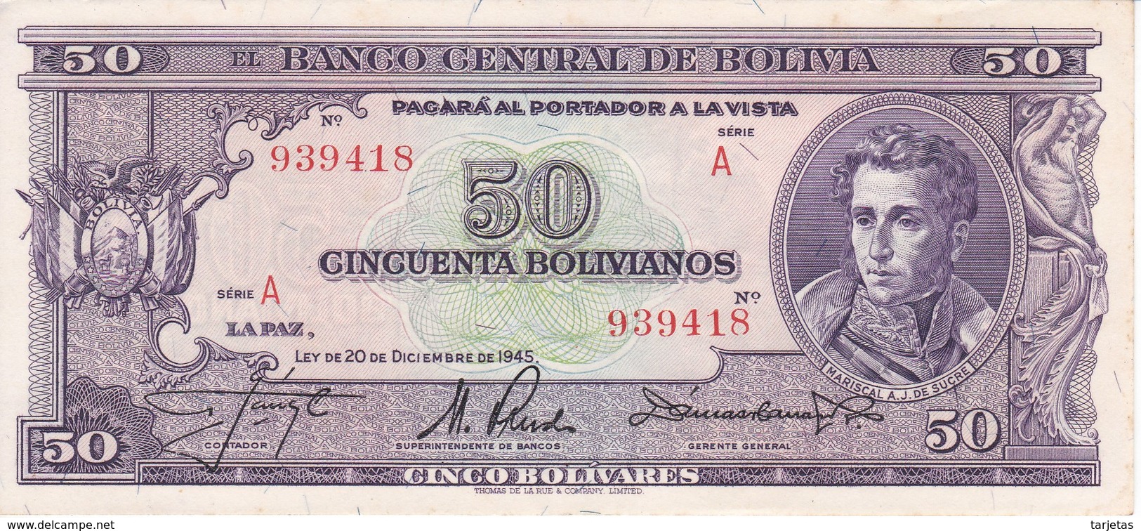 BILLETE DE BOLIVIA DE 50 BOLIVIANOS DEL AÑO 1945  SERIE A CALIDAD EBC (XF) (BANKNOTE) - Bolivia