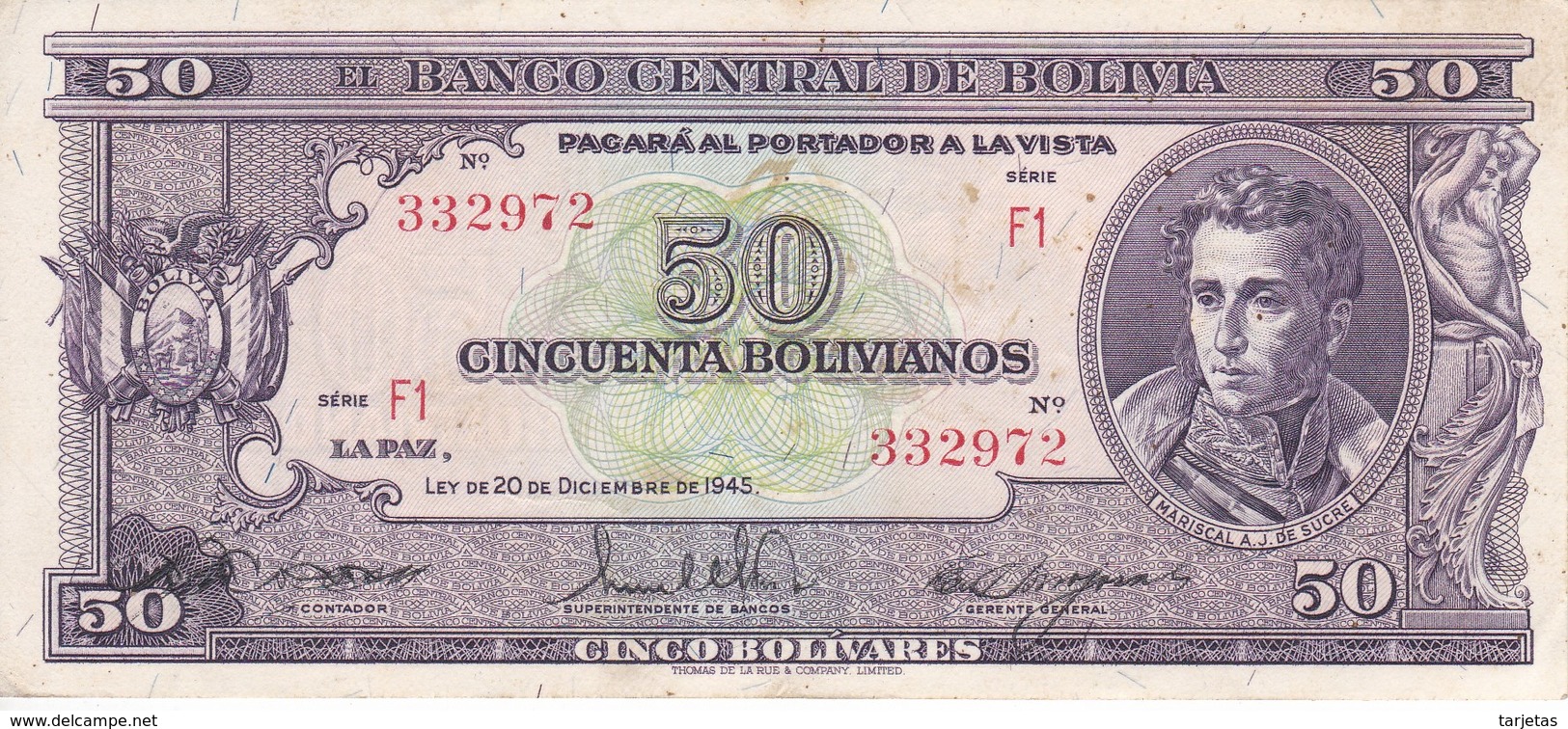 BILLETE DE BOLIVIA DE 50 BOLIVIANOS DEL AÑO 1945  SERIE F1 CALIDAD EBC (XF) (BANKNOTE) - Bolivia