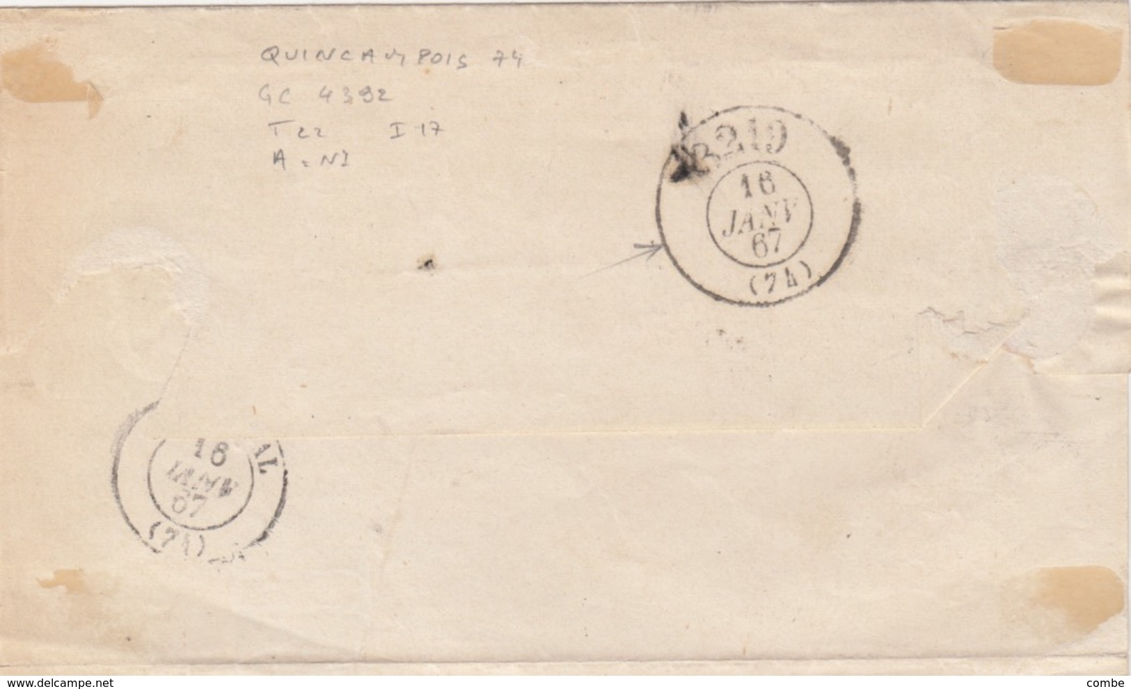 LETTRE. 15 Janv 67. PERLÉ T22. QUINCAMPOIX SEINE-INFERIEURE. GC 4392 POUR DARNETAL. BOITE RURALE A. BUREAU PASSE 3219  2 - 1849-1876: Classic Period