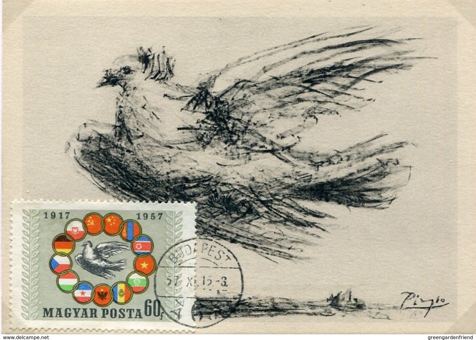 51310 Hungary, Maximum 15.11.1957 Painting Of Picasso Dove Of Peace, Friedenstaube, Coulombe De La Paix - Picasso