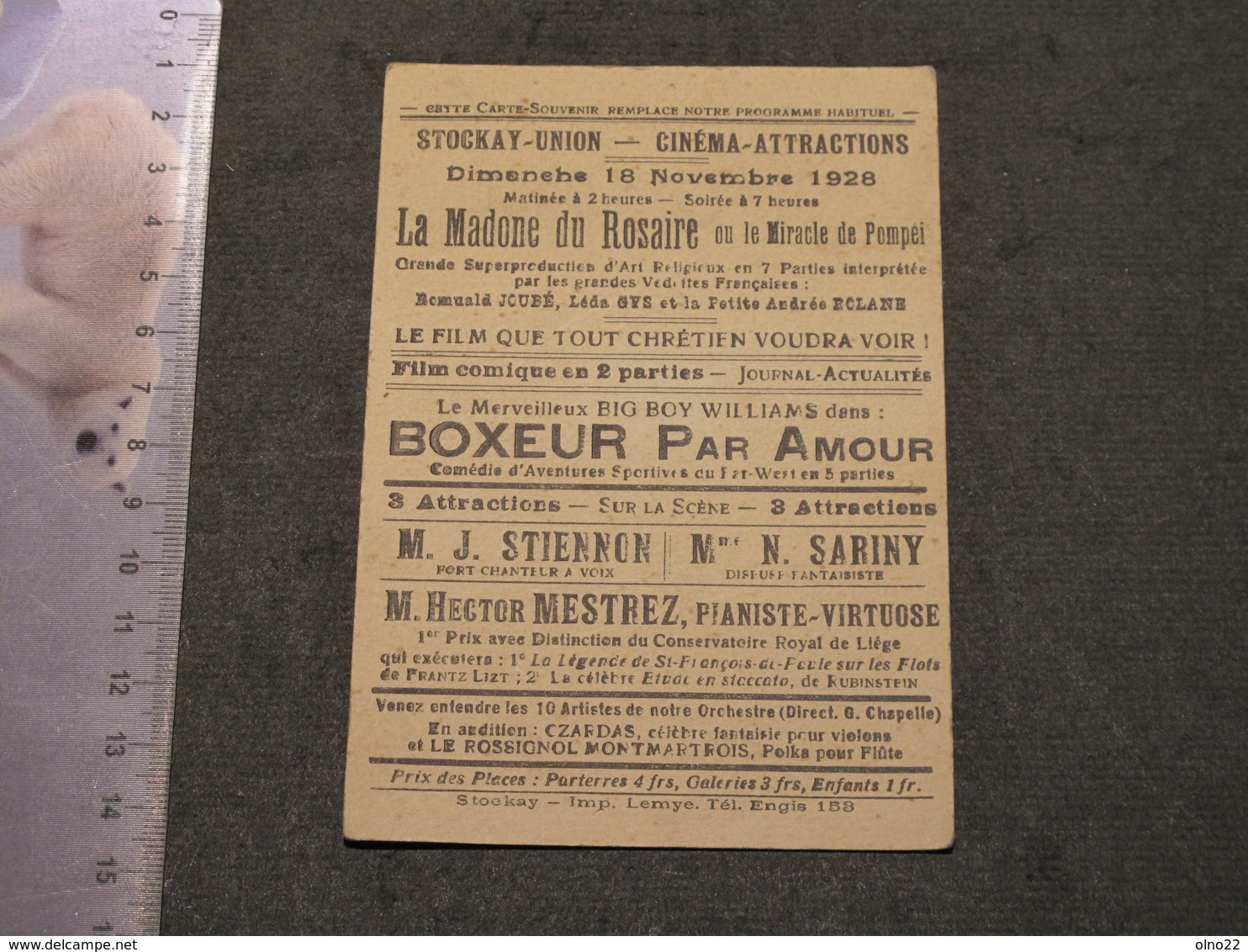 STOCKAY - DIMANCHE 18/11/1928 - STOCKAY UNION-CINEMA ATTRACTION - 2 FILMS LA MADONE DU ROSAIRE ET BOXEUR PAR AMOUR - Programs