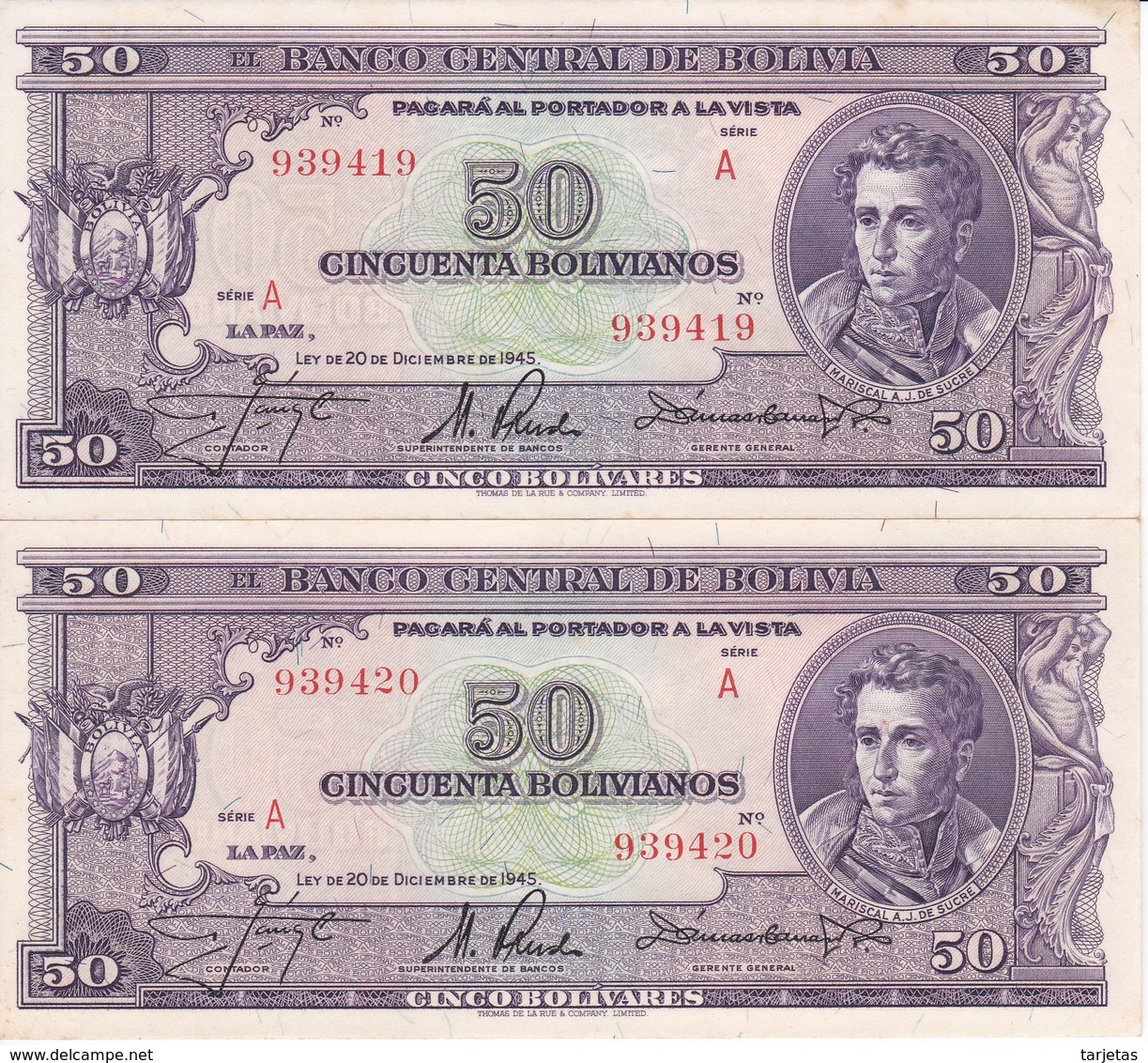 PAREJA CORRELATIVA DE BOLIVIA DE 50 BOLIVIANOS DEL AÑO 1945  SERIE A CALIDAD EBC (XF) (BANKNOTE) - Bolivien