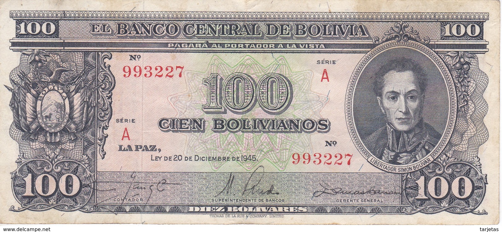 BILLETE DE BOLIVIA DE 100 BOLIVIANOS DEL AÑO 1945  SERIE A  (BANKNOTE) - Bolivia