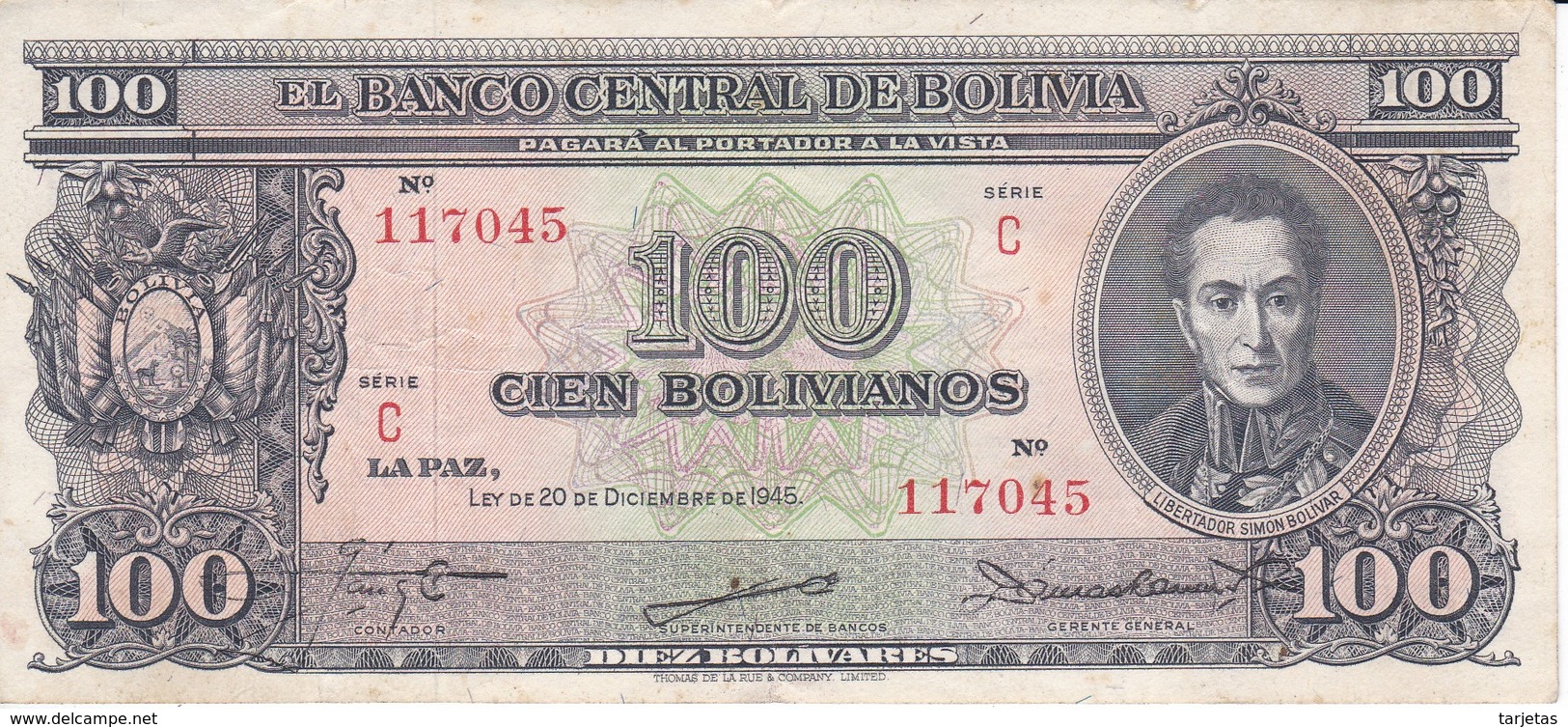 BILLETE DE BOLIVIA DE 100 BOLIVIANOS DEL AÑO 1945  SERIE C  (BANKNOTE) - Bolivia