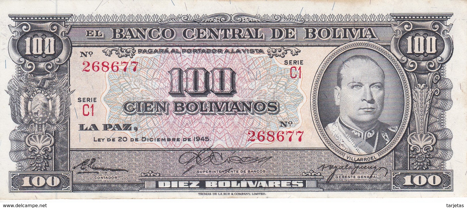 BILLETE DE BOLIVIA DE 100 BOLIVIANOS DEL AÑO 1945  SERIE C1  (BANKNOTE) - Bolivia