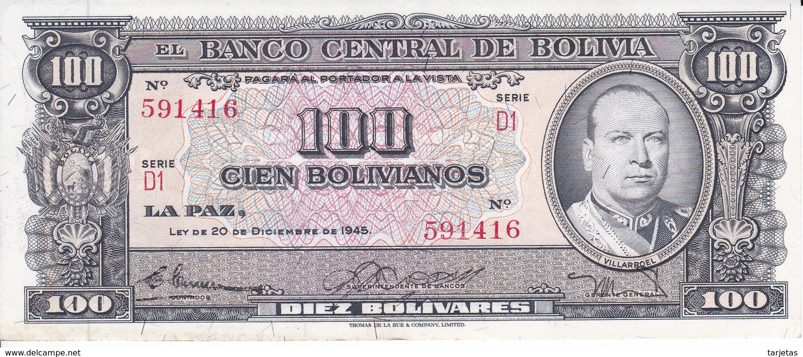 BILLETE DE BOLIVIA DE 100 BOLIVIANOS DEL AÑO 1945  SERIE D1 CALIDAD EBC (XF) (BANKNOTE) - Bolivia