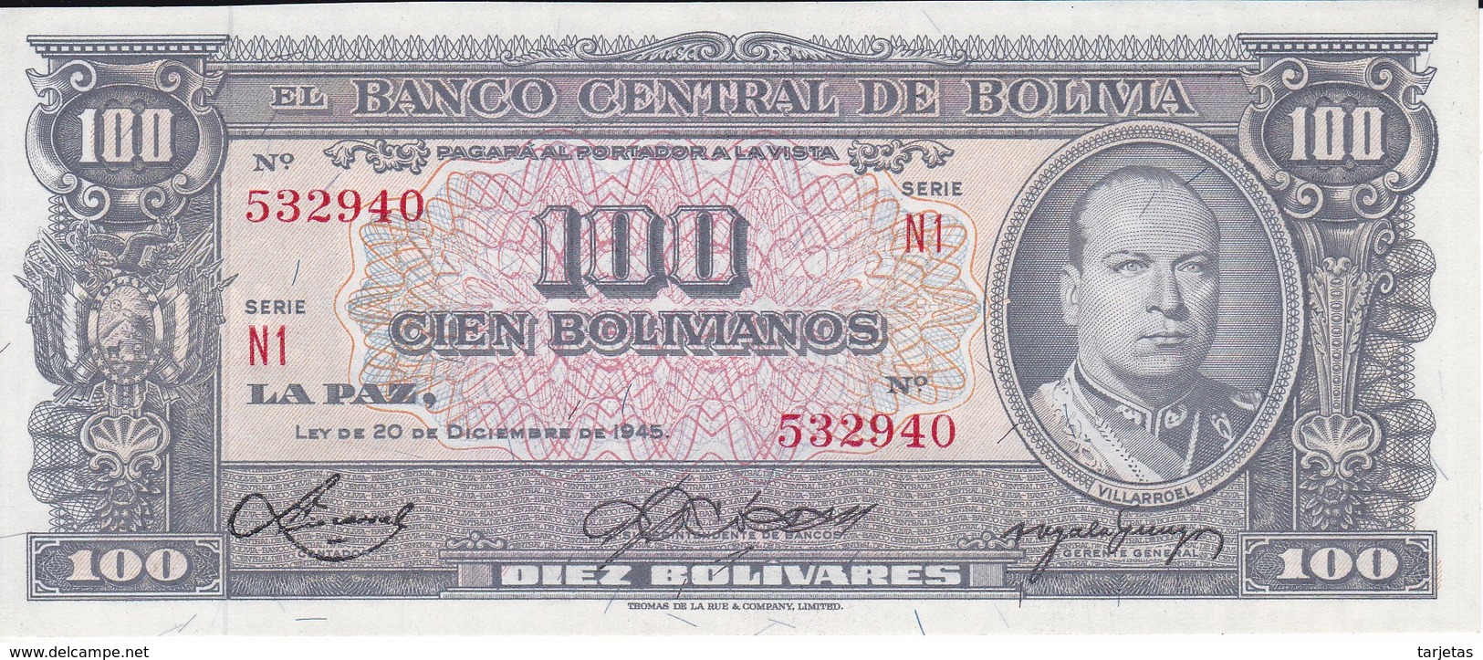 BILLETE DE BOLIVIA DE 100 BOLIVIANOS DEL AÑO 1945  SERIE N1 SIN CIRCULAR-UNCIRCULATED  (BANKNOTE) - Bolivia