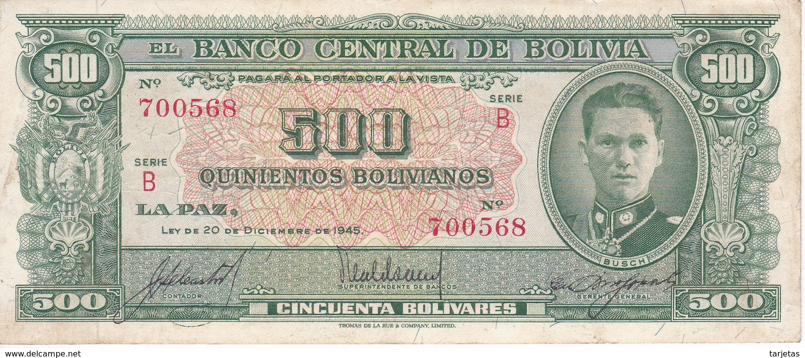 BILLETE DE BOLIVIA DE 500 BOLIVIANOS DEL AÑO 1945  SERIE B (BANKNOTE) - Bolivia