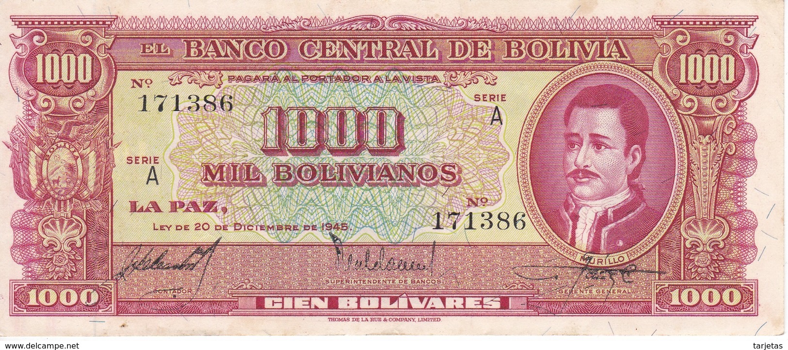 BILLETE DE BOLIVIA DE 1000 BOLIVIANOS DEL AÑO 1945 SERIE A (BANKNOTE) - Bolivia