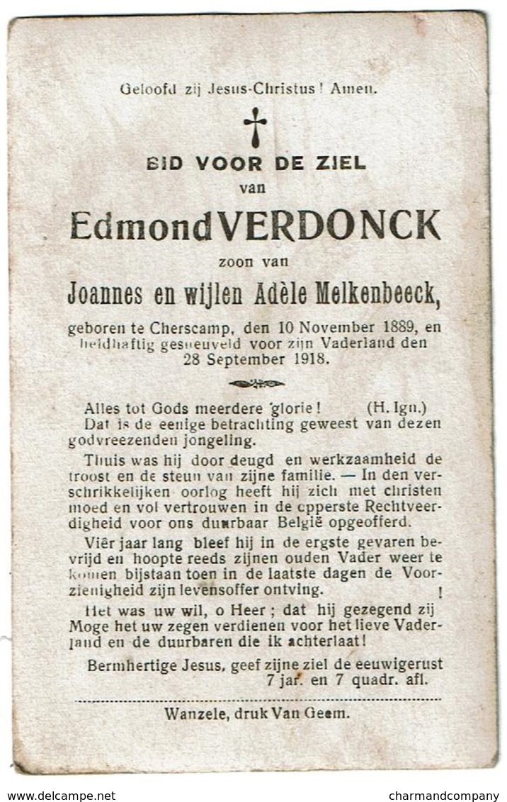 Oorlog Gesneuveld Voor Het Vaderland - Guerre Mort Pour La Patrie Edmond VERDONCK Cherscamp 1889 / 1918 - 2 Scans - Andachtsbilder