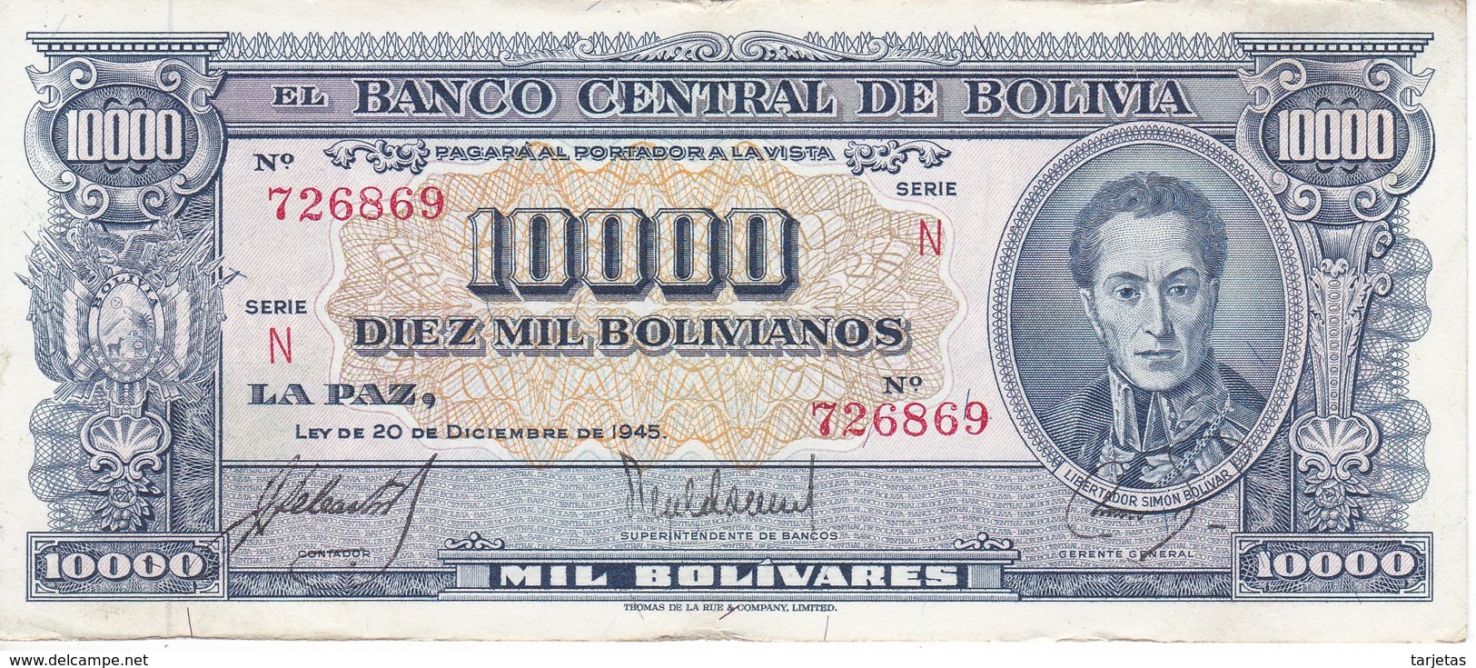 BILLETE DE BOLIVIA DE 10000 BOLIVIANOS DEL AÑO 1945 SERIE N  (BANKNOTE) - Bolivië