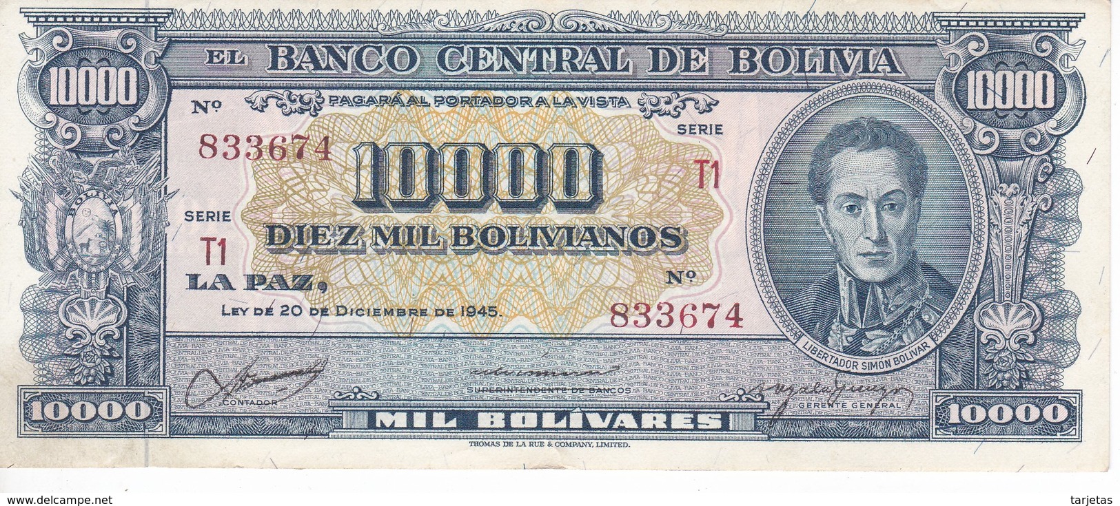 BILLETE DE BOLIVIA DE 10000 BOLIVIANOS DEL AÑO 1945 SERIE T1 CALIDAD MBC (VF)  (BANKNOTE) - Bolivia