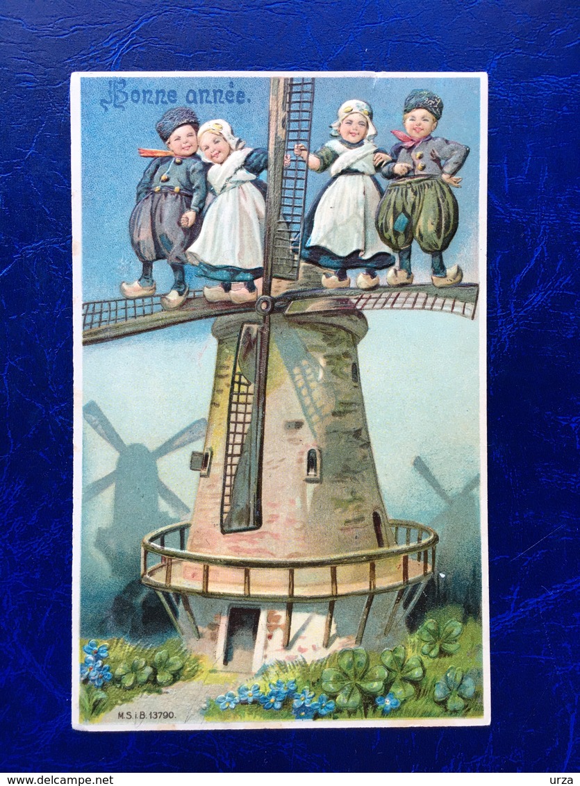 Embossed-Gaufrée--"Moulin à Vent Et Enfants En Costumes Traditionnel Hollandais"--(826) - Nouvel An