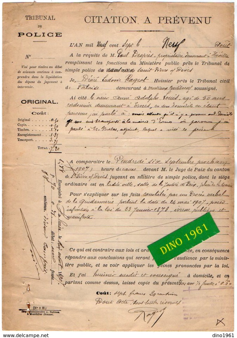 VP16.833 - MILITARIA - Tribunal De Police De SAINT PIERRE SUR DIVES 1907 - Citation à Prévenu - Mr LOUIS à ERNES - Politie & Rijkswacht