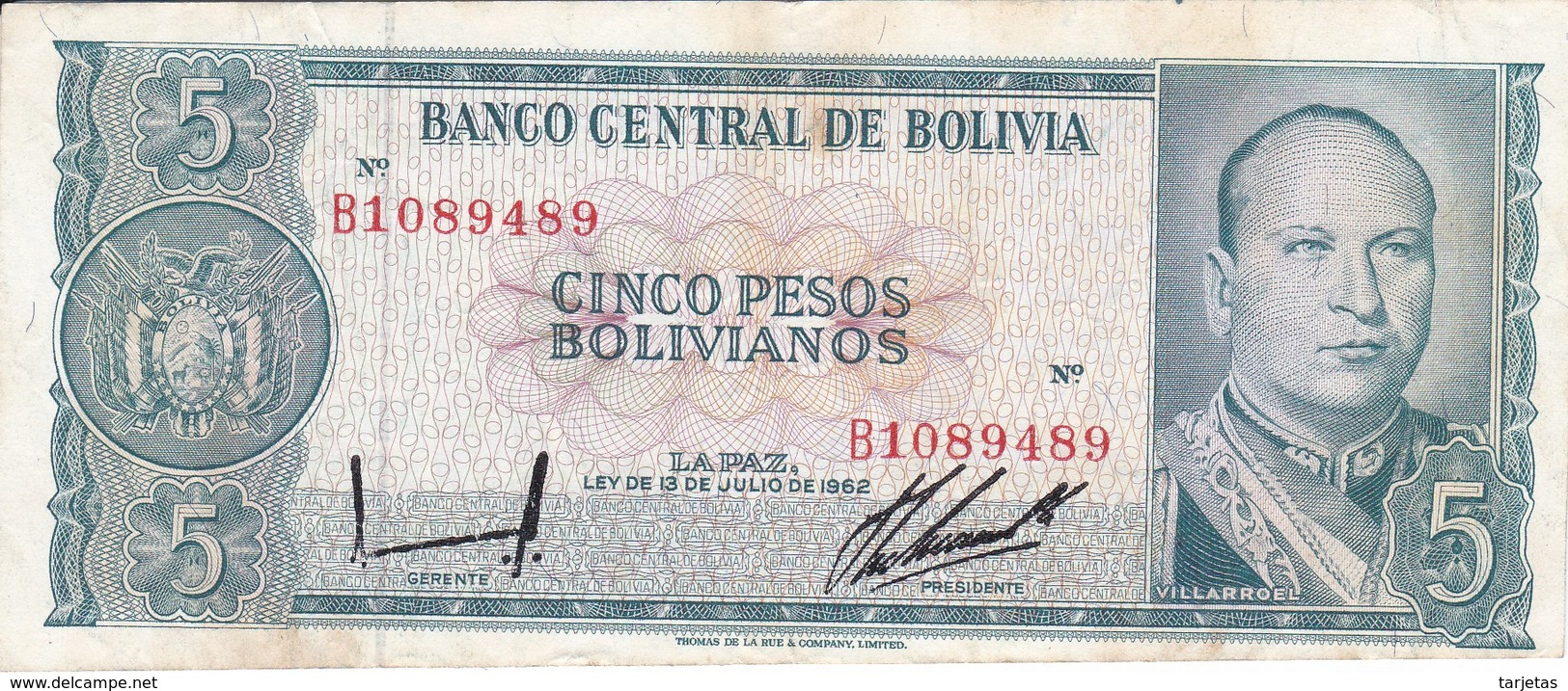 BILLETE DE BOLIVIA DE 5 BOLIVIANOS DEL AÑO 1962 SERIE B (BANKNOTE) - Bolivia