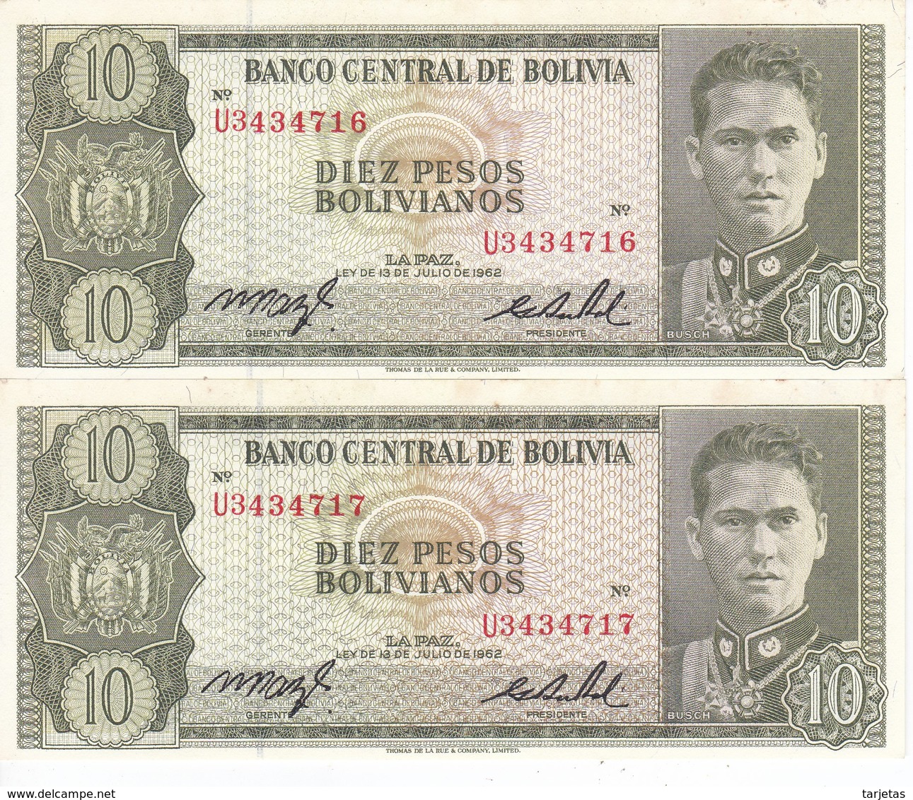 PAREJA CORRELATIVA DE BOLIVIA DE 10 BOLIVIANO DEL AÑO 1962 SERIE U SIN CIRCULAR - UNCIRCULATED  (BANKNOTE) - Bolivia