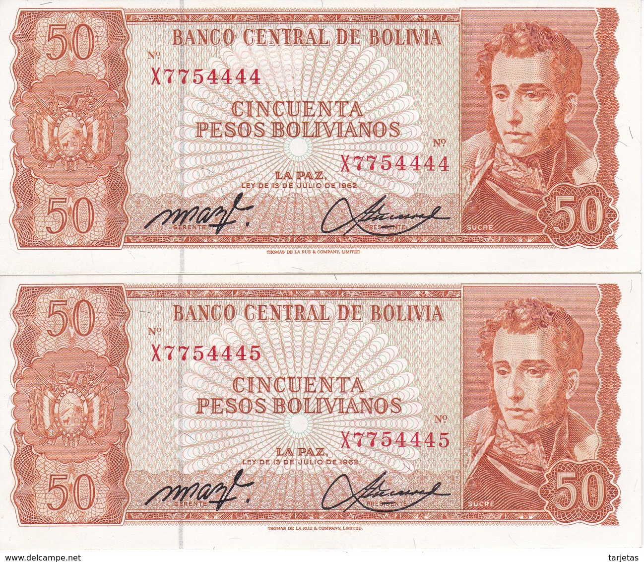 PAREJA CORRELATIVA DE BOLIVIA DE 50 BOLIVIANOS DEL AÑO 1962 SERIE X SIN CIRCULAR - UNCIRCULATED  (BANKNOTE) - Bolivien