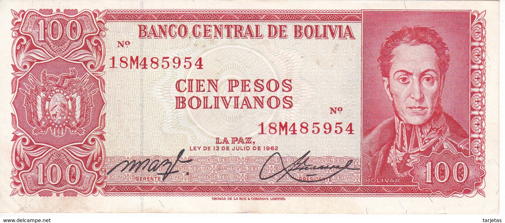 BILLETE DE BOLIVIA DE 100 BOLIVIANOS DEL AÑO 1962 NUMEROS ROJOS  (BANKNOTE) - Bolivien