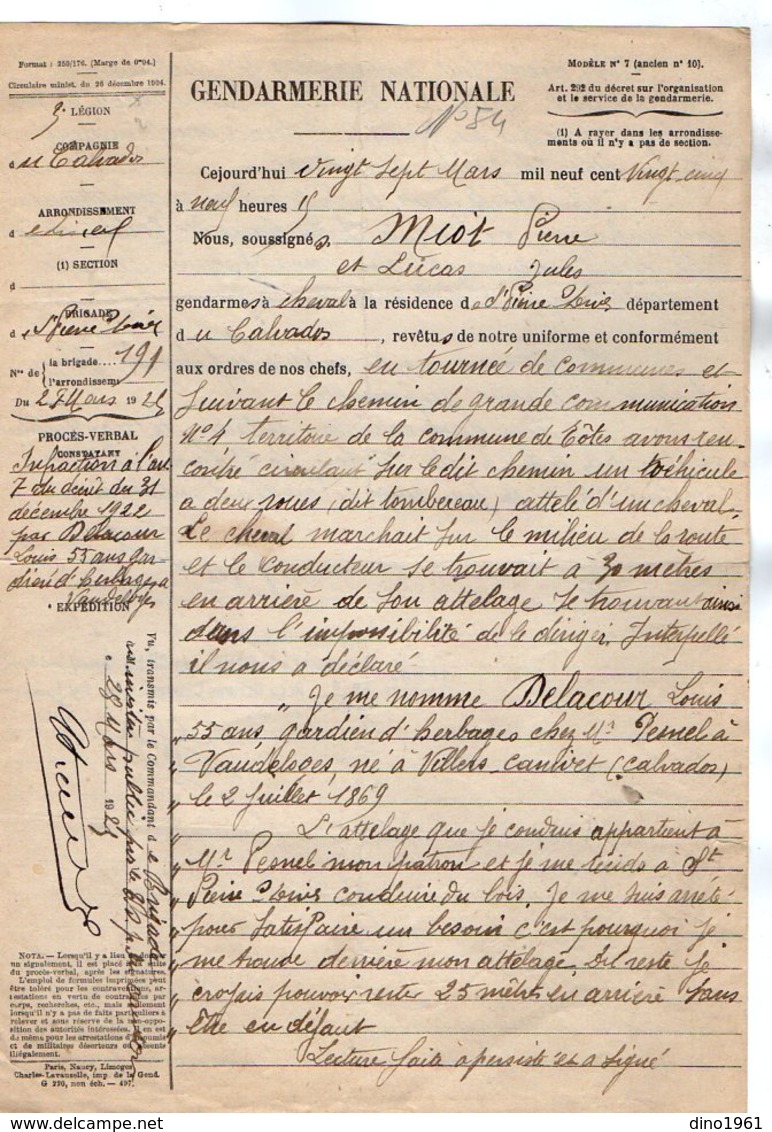 VP16.835 - Gendarmerie N Brigade De ST PIERRE SUR DIVES 1907 - Procès - Verbal D'Infraction - DELACOUR à VAUDELOGES - Police