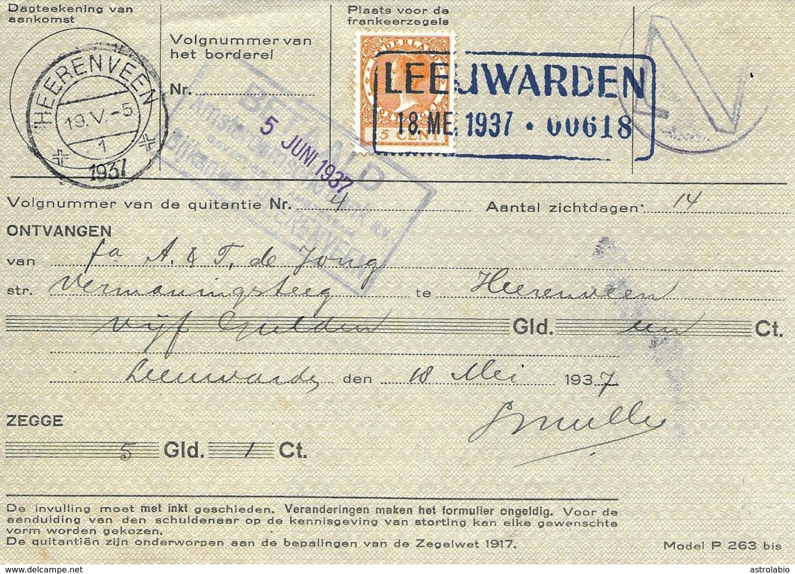 Leeuwarden 1937 Sur Document De La Poste - Fiscales