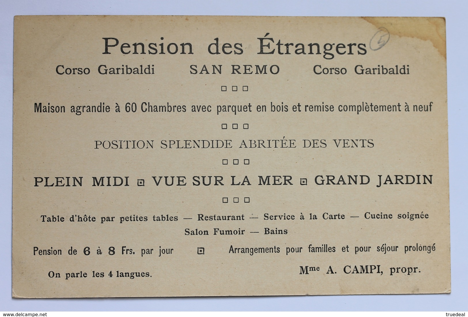 PENSION DES ETRANGERS HOTEL, CORSO GARIBALDI, SAN REMO, ITALIA ITALY, Old Advertising Card - Other & Unclassified