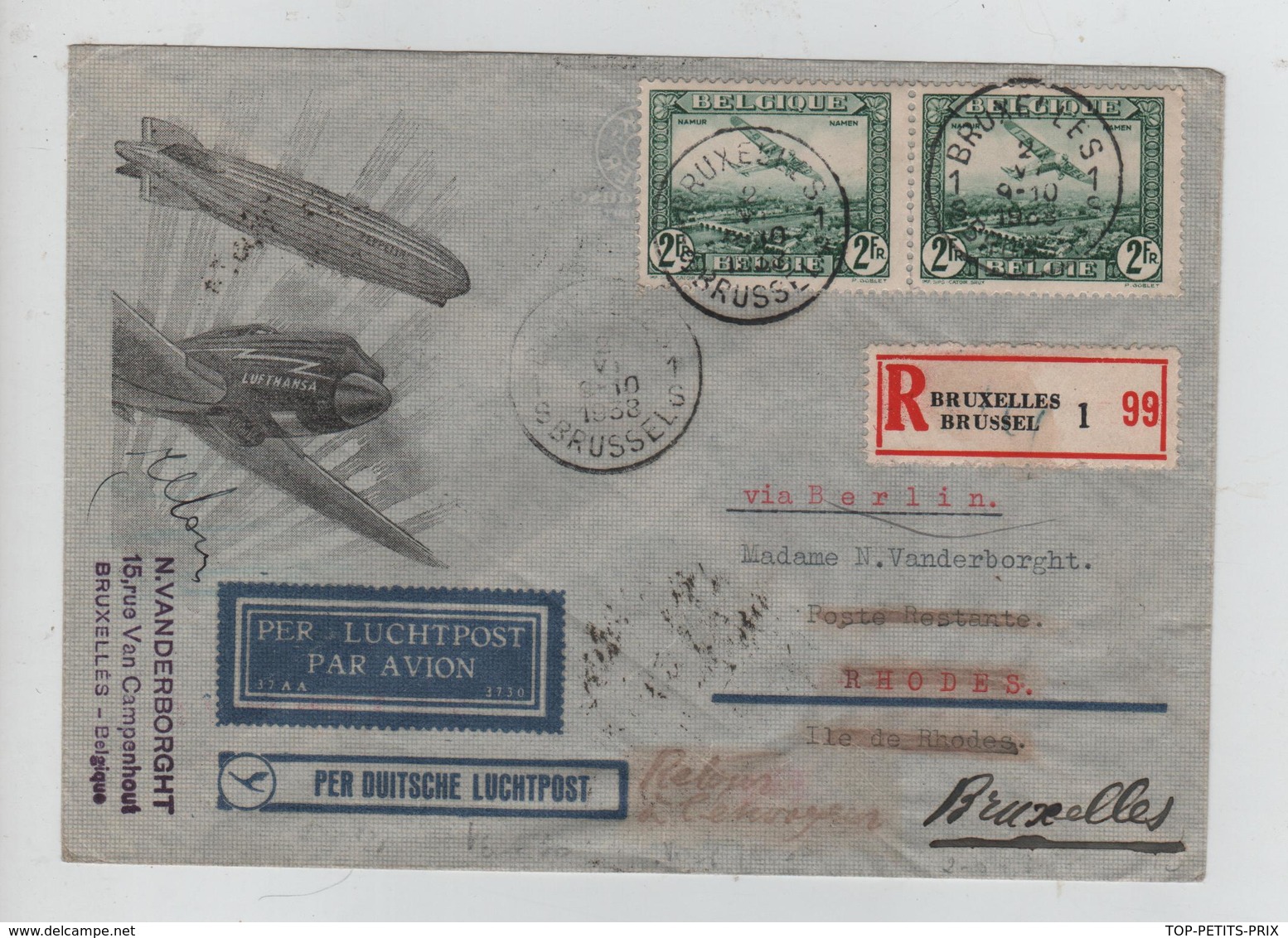 REF287/ TPA 3(2)-1 S/L.Avion Recommandée C.BX 2/6/38 Via Berlin > Rhodes Poste Restante Retour - Brieven En Documenten