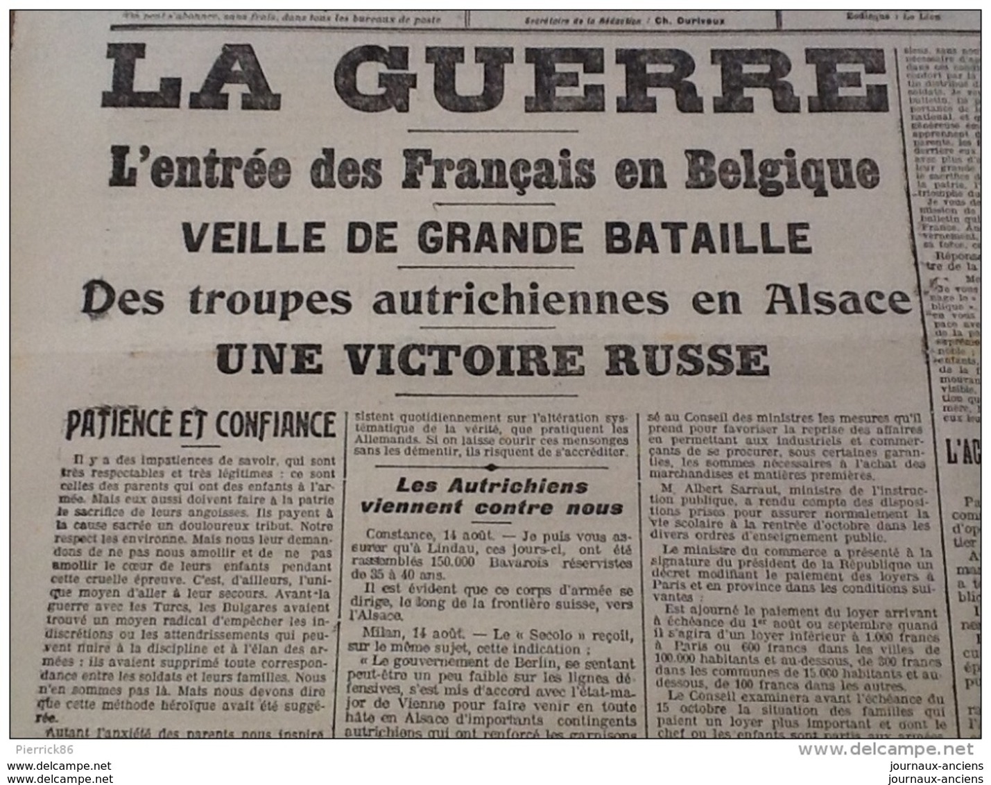 WW1 JOURNAUX DE GUERRE Du 15 Août 1914 / LE MÉMORIAL DE LA LOIRE ET HAUTE LOIRE / ENTRE DES FRANCAIS EN BELGIQUE - Documents Historiques