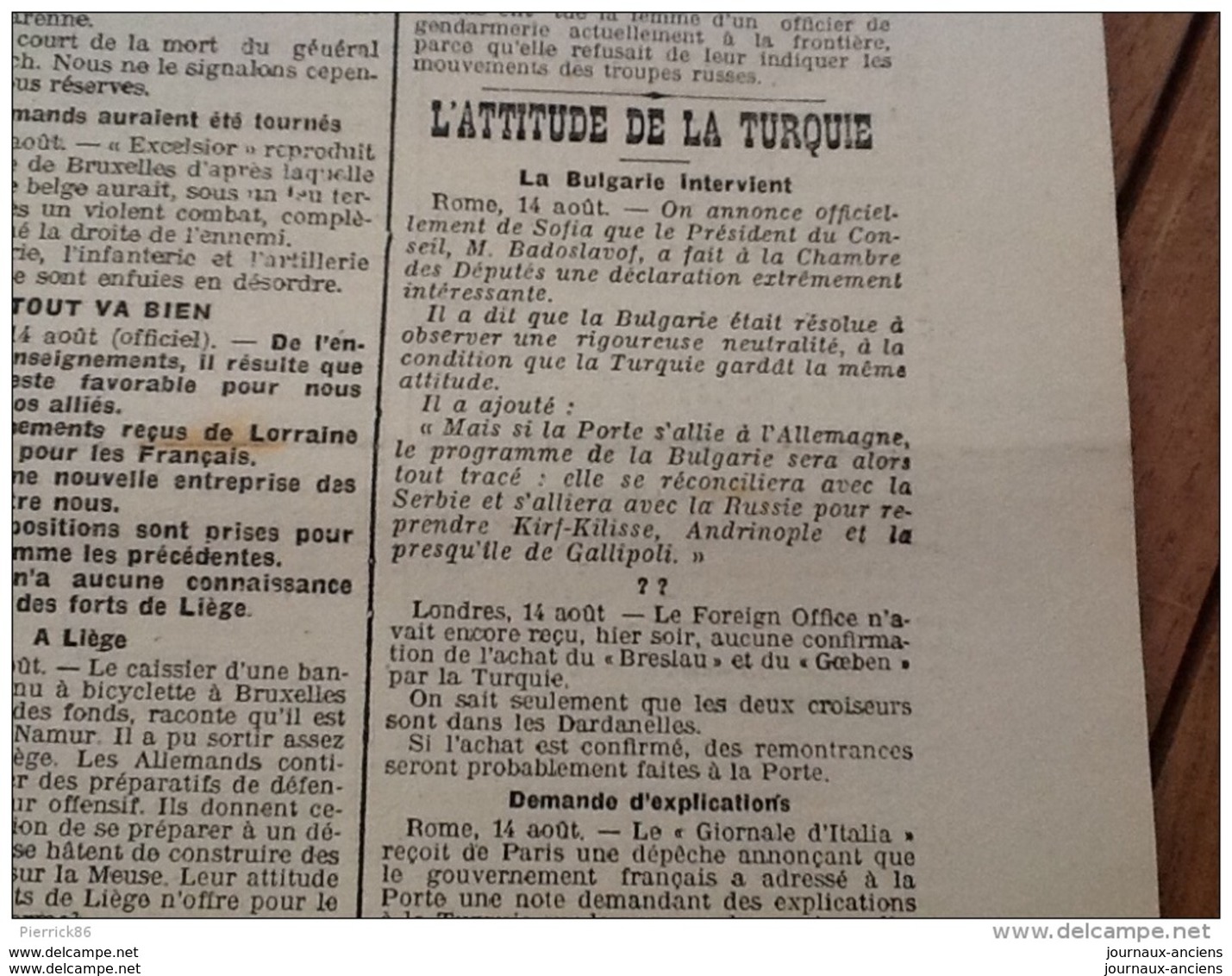 WW1 JOURNAUX DE GUERRE du 15 Août 1914 / LE MÉMORIAL DE LA LOIRE ET HAUTE LOIRE / ENTRE DES FRANCAIS EN BELGIQUE