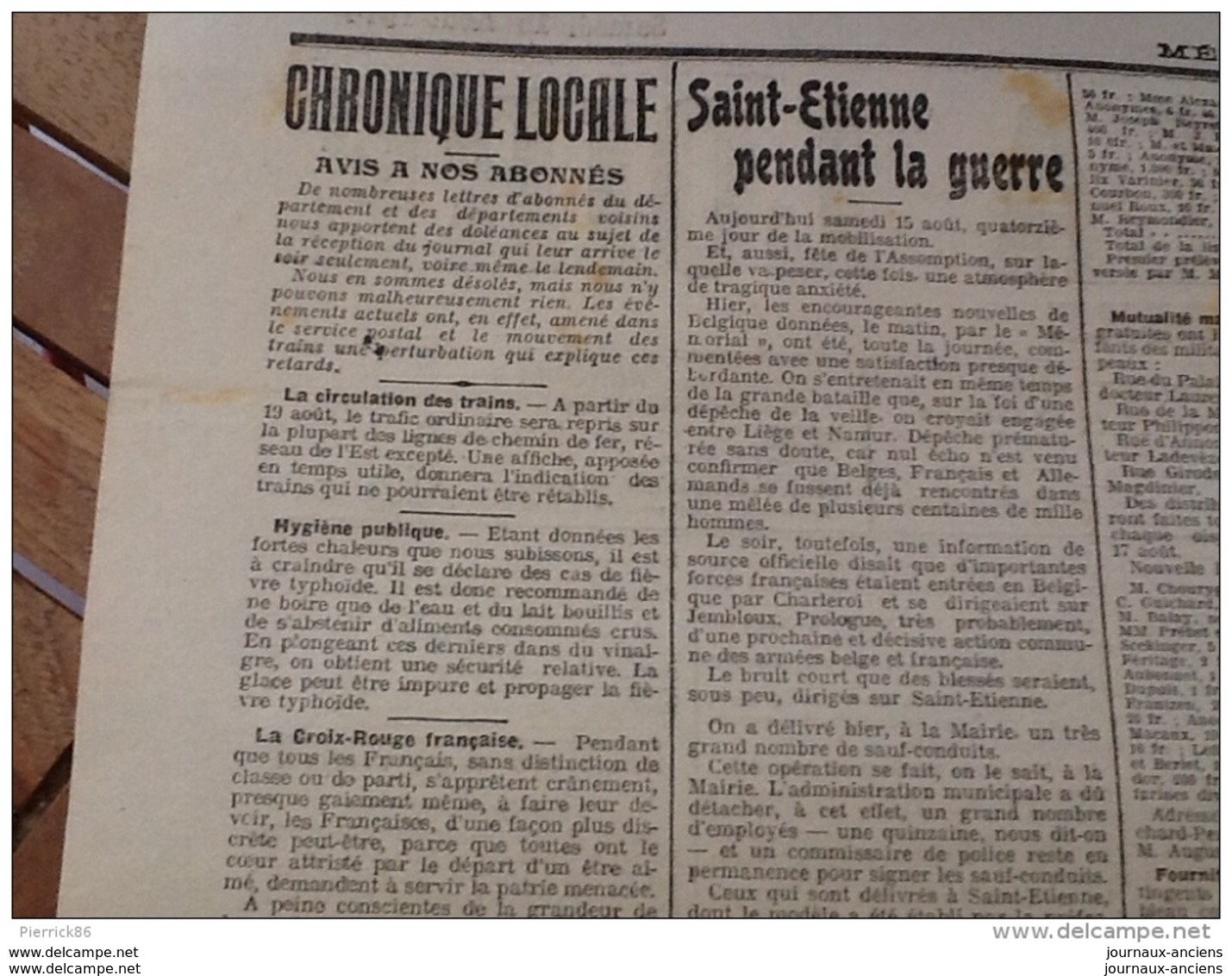 WW1 JOURNAUX DE GUERRE du 15 Août 1914 / LE MÉMORIAL DE LA LOIRE ET HAUTE LOIRE / ENTRE DES FRANCAIS EN BELGIQUE