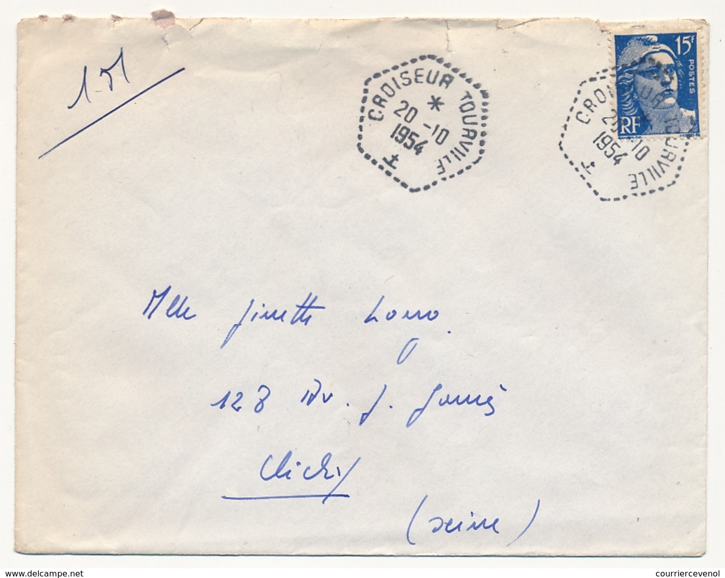 FRANCE - Env. Affr 15 F Gandon - Oblit Hexagonale Tiretée "CROISEUR TOURVILLE" 1954 - Poste Navale