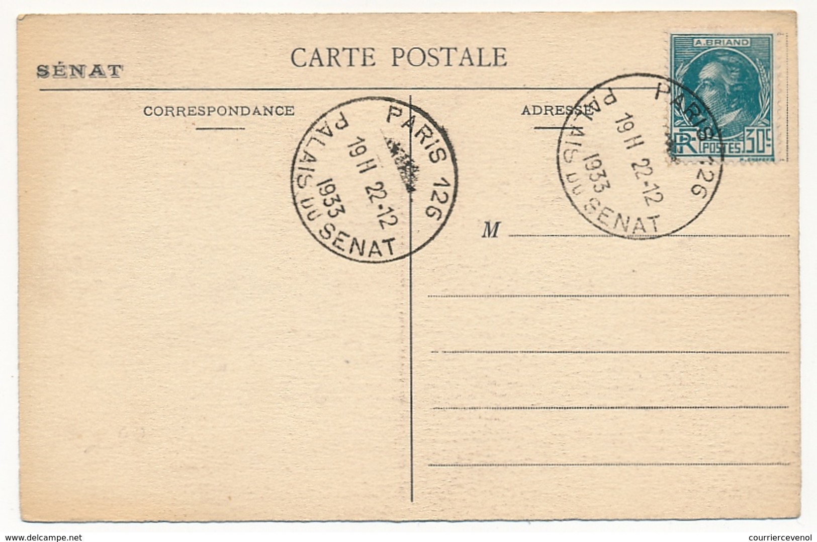 FRANCE - CPA Affr. 30cA. Briand - Cachet "Paris 126 Palais Du Sénat" 22/12/1933 - Non Voyagée - Covers & Documents