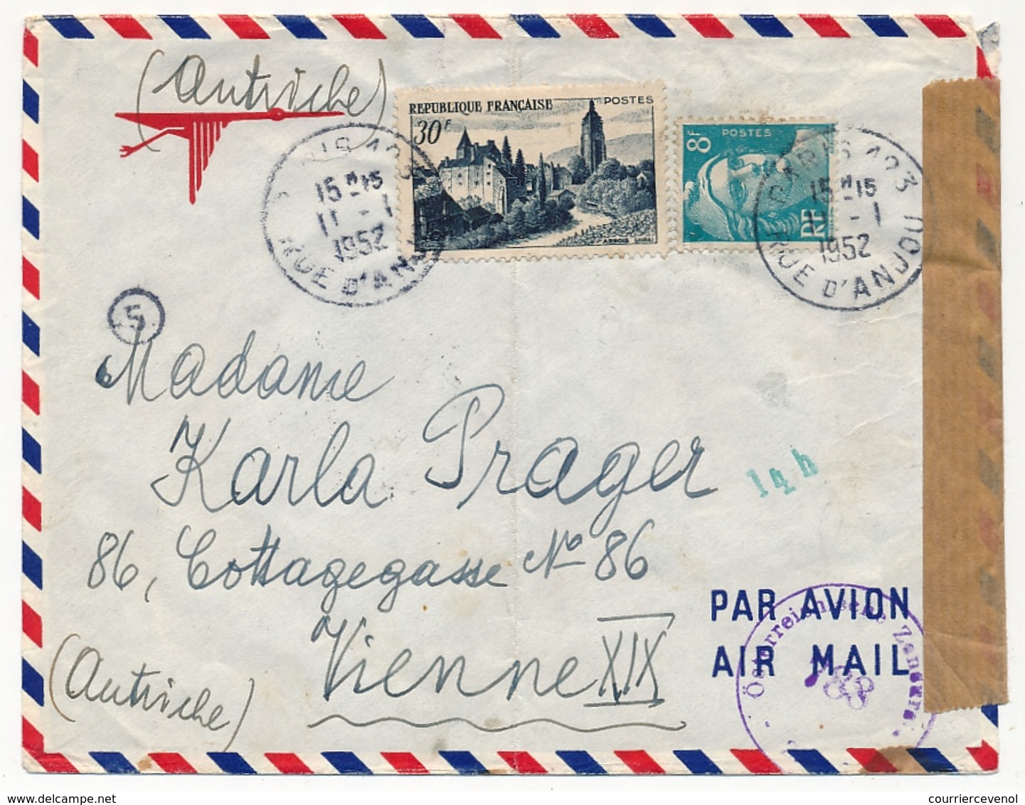 FRANCE - Env Affr 8f Gandon + 30f Arbois - 1952 Pour Autriche / Censure Autrichienne - 1945-54 Marianna Di Gandon