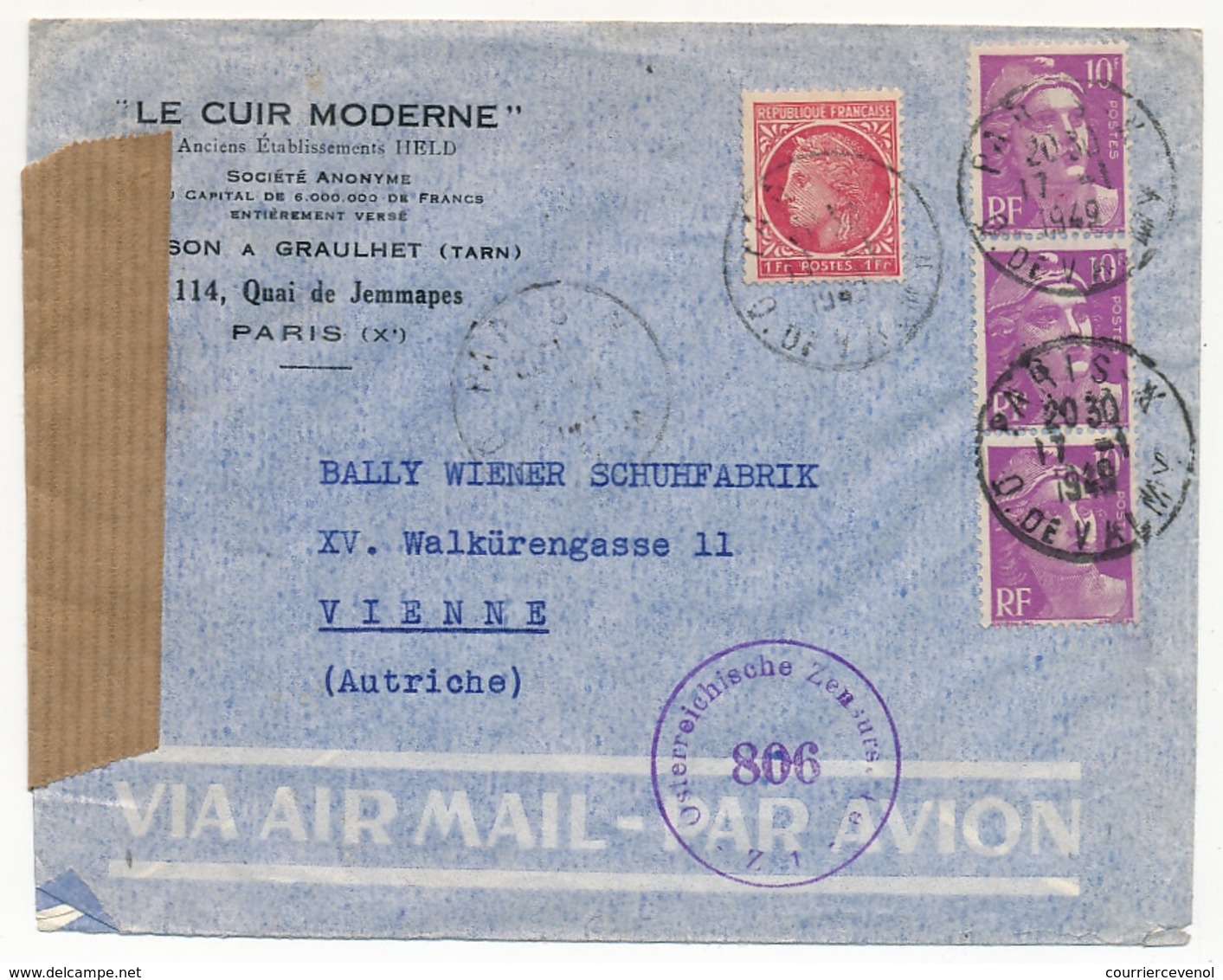 FRANCE - Env Affr 10f Gandon X3 + 1f Cérès Mazelin - 1949 Pour Autriche / Censure Autrichienne - 1945-54 Marianna Di Gandon