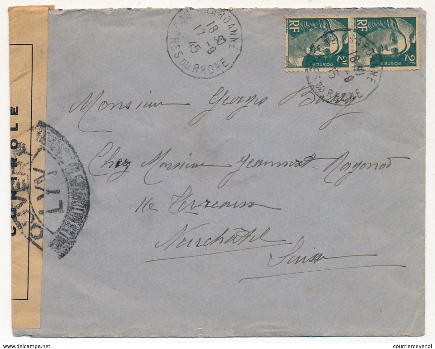 FRANCE - Env Affr 2f Gandon X2 - 1945 - Censure "Ouvert... LYY..." - 1945-54 Marianna Di Gandon