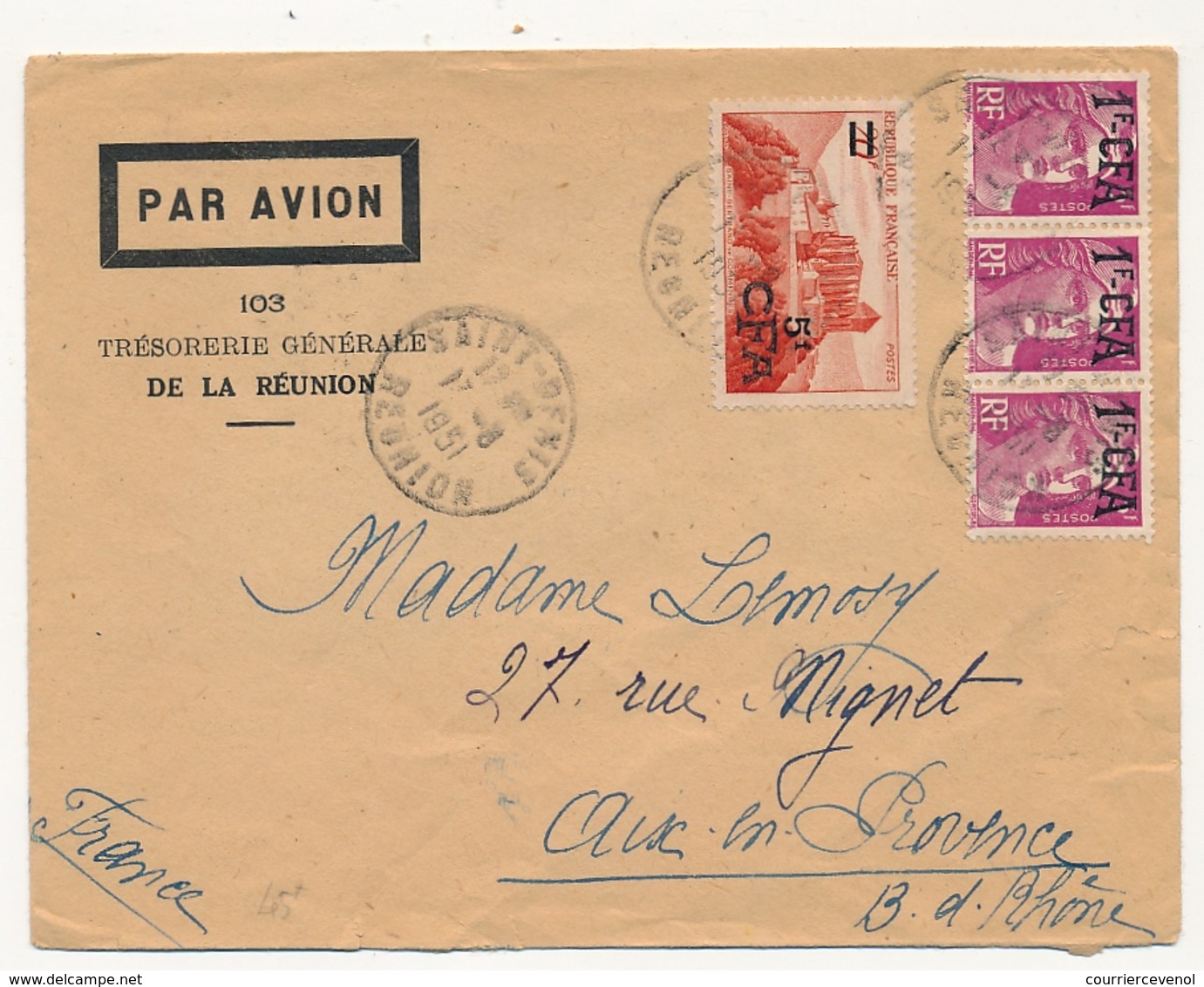 FRANCE REUNION - Env Affr Composé 1f CFA X3 + 5f CFA - 1951 - Lettres & Documents