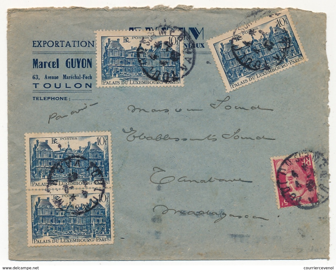 FRANCE - Env Affr 5f Gandon + 10f Luxembourg X6 - Toulon Pour Madagascar 1947 - 1945-54 Marianne (Gandon)