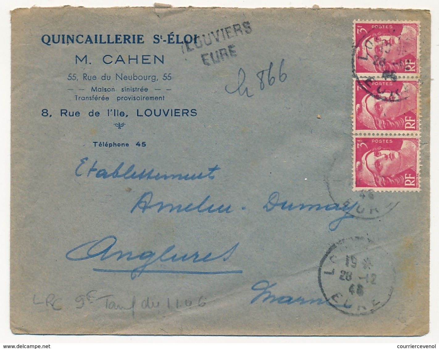 FRANCE - Env. Affr 3f Gandon Rouge (bande De 3) Recommandé Provisoire De LOUVIERS (Eure) 1946 - 1945-54 Maríanne De Gandon