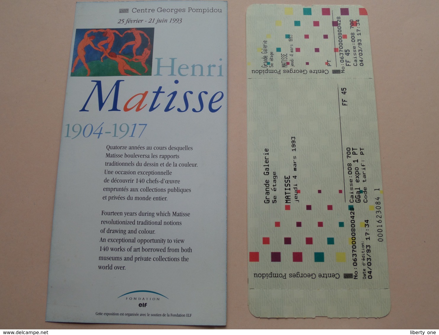 Centre GEORGES POMPIDOU " Henri MATISSE 1904-1917 Anno 04-03-1993 ( Zie / Voir Photo ) Carte D'Entrée ! - Tickets - Vouchers