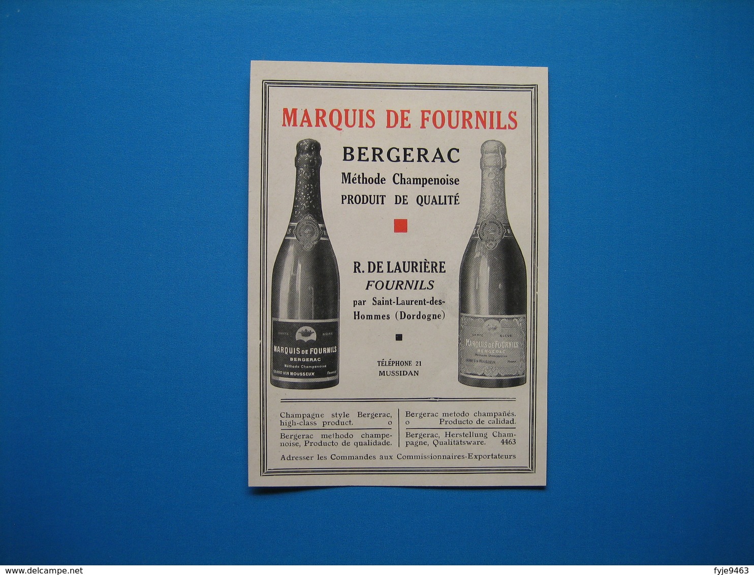 (1931) Vin Mousseux Bergerac - Méthode Champenoise - MARQUIS DE FOURNILS - R. De Laurière - St-Laurent-des-Hommes - Non Classificati