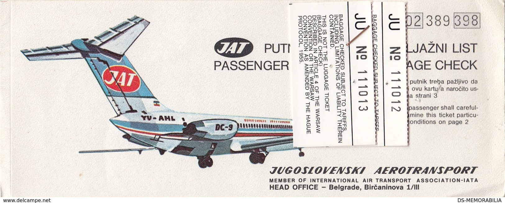 JAT Yugoslav Airlines Ticket Flight Zagreb - Frankfurt - Buenos Aires 1976 - Biglietti