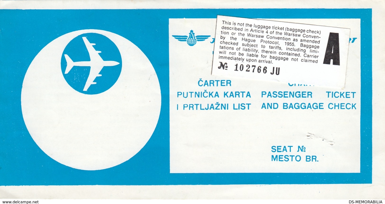 AT Yugoslav Airlines Ticket Charter Flight Zagreb-Toronto Canada 1975 - Tickets