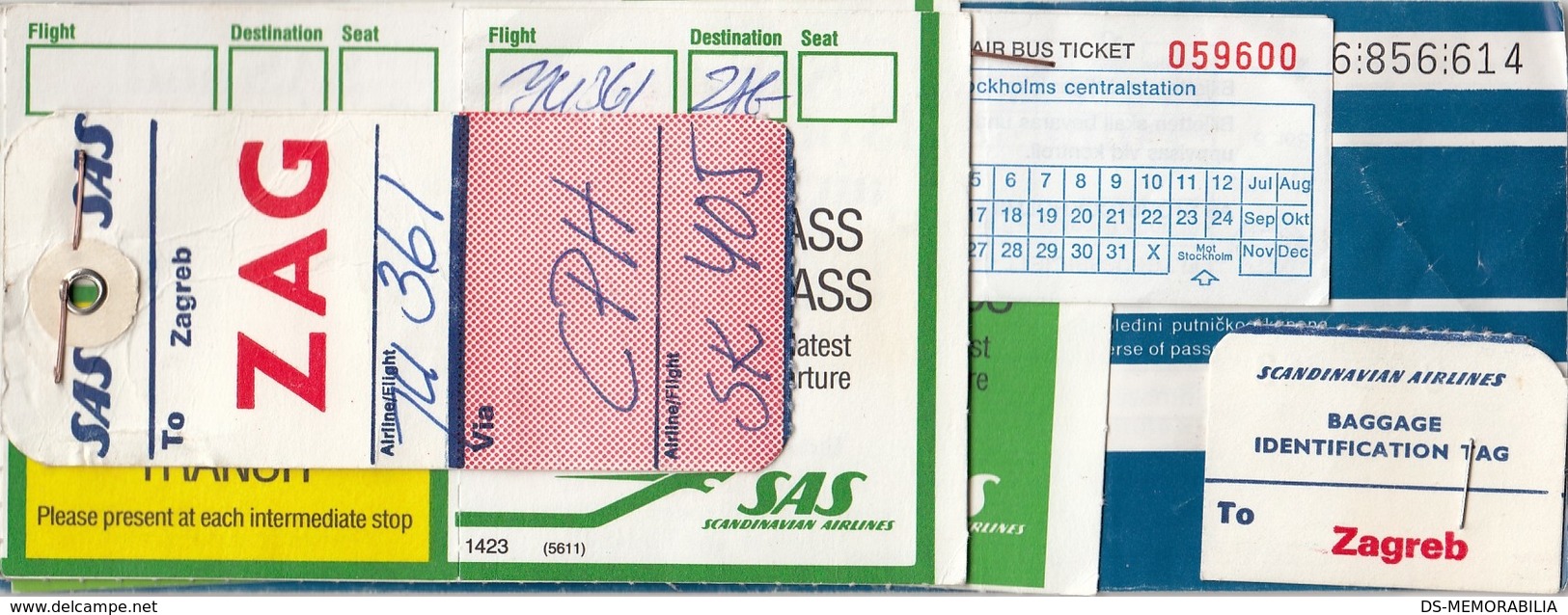 JAT Yugoslav Airlines Ticket + SAS Transfer Pass & Boarding Pass & Baggage Tag - Biglietti