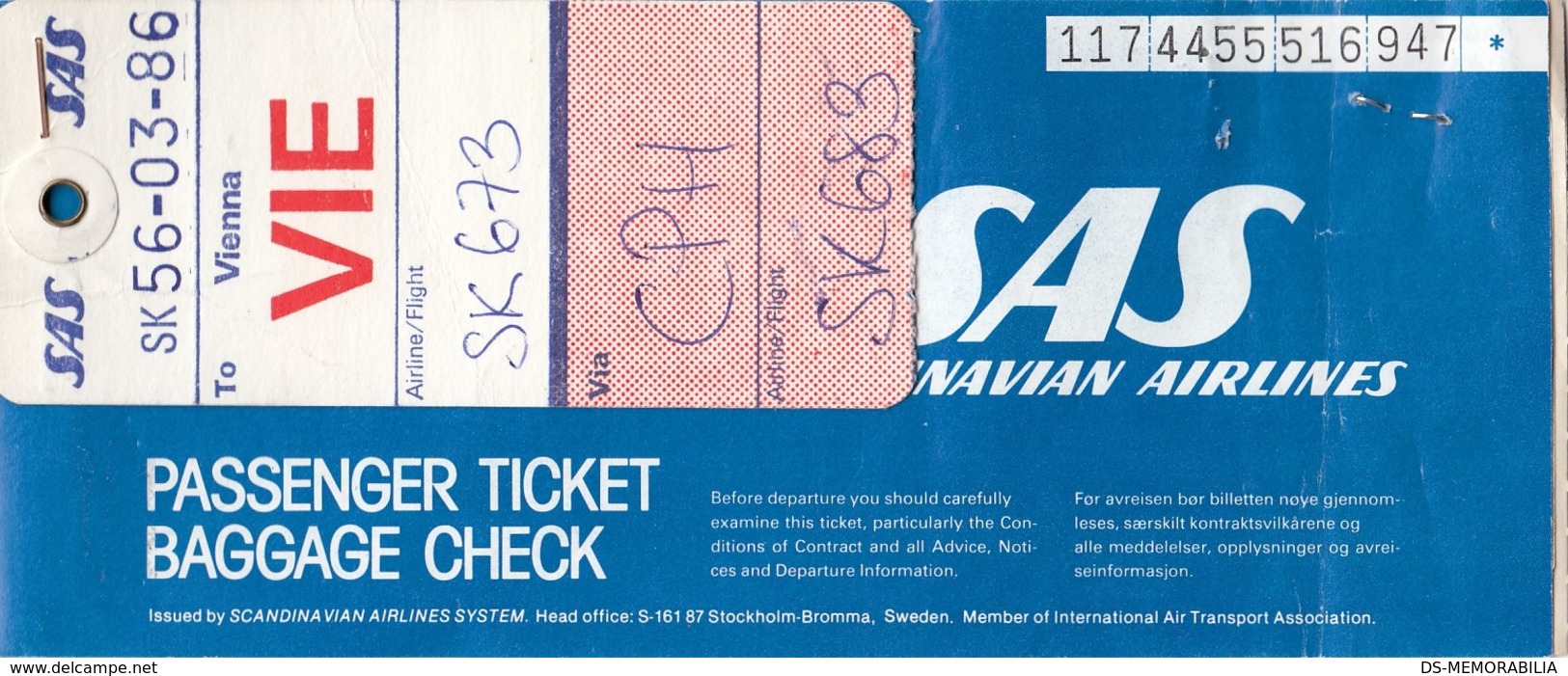 SAS Scandinavian Airlines Ticket Stockholm Copenhagen Wien + Transfer Pass - Tickets