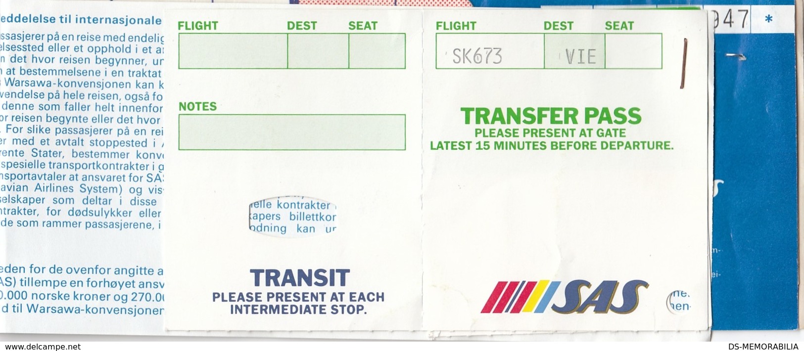 SAS Scandinavian Airlines Ticket Stockholm Copenhagen Wien + Transfer Pass - Biglietti